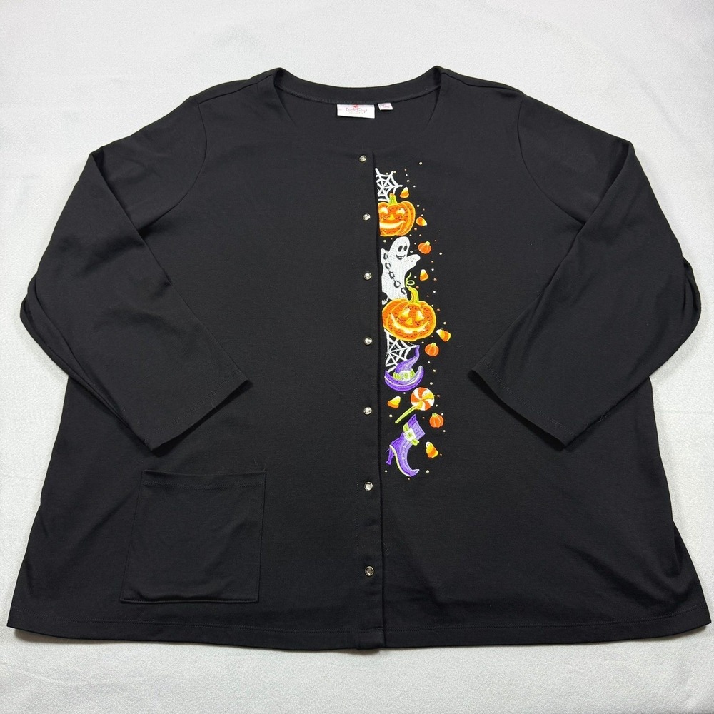 Quacker Factory Halloween Cardigan Black Embroidered Ghost Pumpkin 3X 3/4 Sleeve